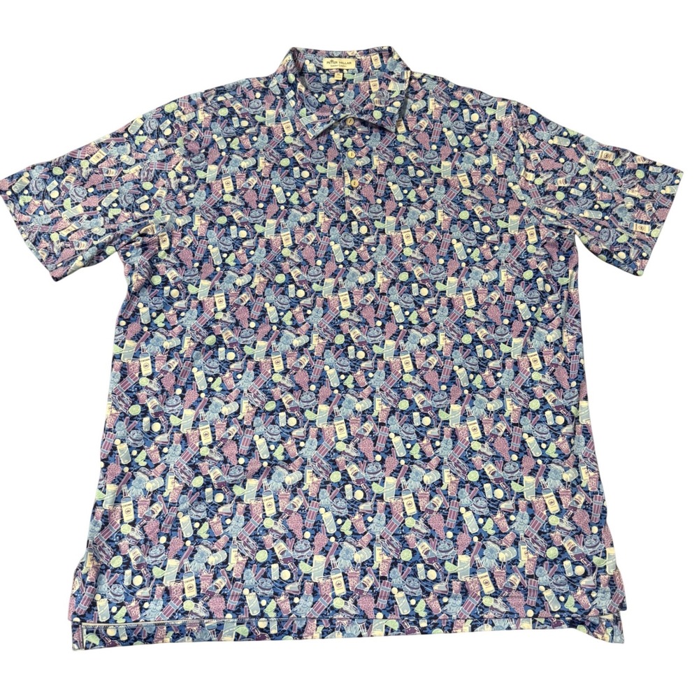 Peter Millar Summer Comfort Polo Shirt Mens XL Blue Purple Cocktail Golf Print‎